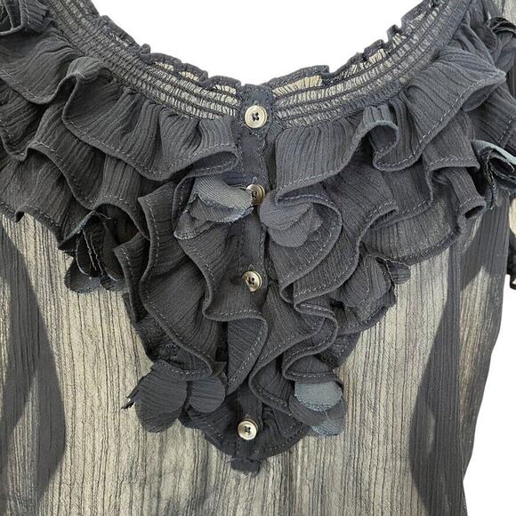 Hollister Sheer Dark Navy Y2K Ruffle Whimsigoth Fairy Top Shirt Smocked sz M - Picture 6 of 16